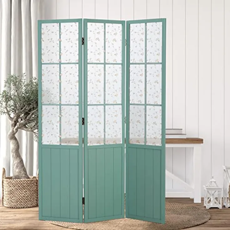 Homestyle4u Paravent, 3-teiliger Raumteiler aus Holz, türkis, mit Fenster Design und dezentem Blütenmuster, 120x170x2 cm, zusammenklappbar