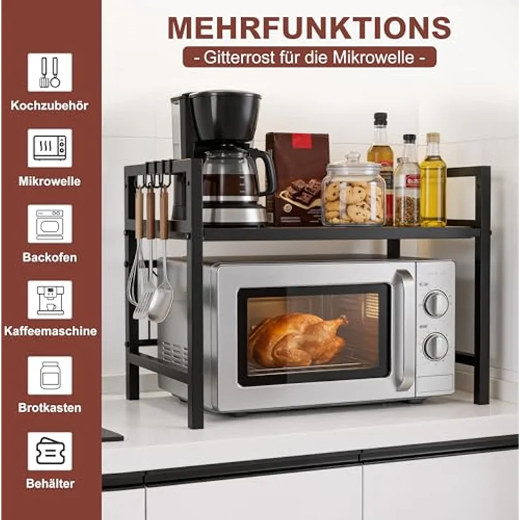 Ribelli Erweiterbares Mikrowellenregal 2 Stufig, Küchenregal Stehend Stahl, Mikrowellen Regal mit 3 Haken, Mikrowellenständer für Arbeitsplatte, Vorratsregal Bäckerregal, Schwarz – Bild 5
