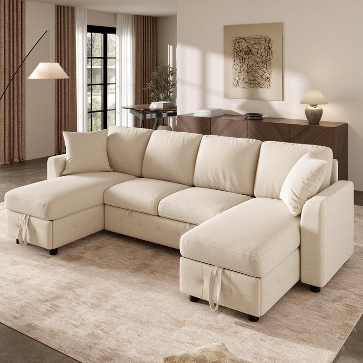 Merax U-Form Chenille Sofa mit Schlaffunktion, Schlafsofa mit 2 Stauraum-Chaiselongues, ausziehbares Schlafsofa mit 1× USB & 1× Type-C Ladeanschluss, mit 2 Kissen, Beige, 260×128×82 cm – Bild 3
