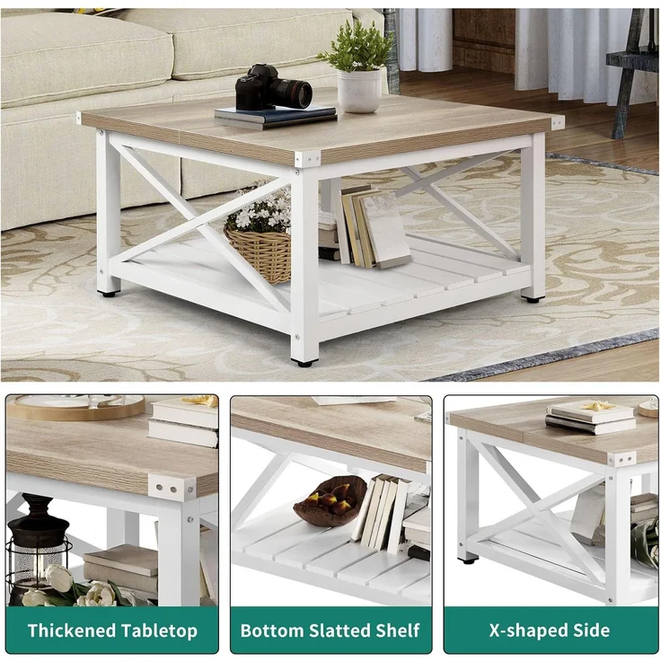 YITAHOME Couchtisch, Quadratischer Wohnzimmertisch 2-stöckiger, Couchtisch mit Stauraum für Couch Schlafzimmer,Stabiler Metallrahmen 80 x 80 x 45 cm ﻿ ﻿ – Bild 9