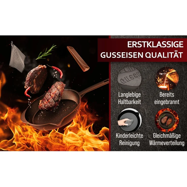 Feuerpfanne Ø 26 cm aus Gusseisen – mit Ledergriff & Ringreiniger, hitzebeständig bis 300 °C, für Grill, Induktion & Lagerfeuer – Bild 3