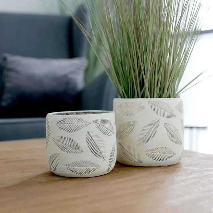 6x Übertopf Blattoptik L D14xH13cm Zement Pflanzen Blumen