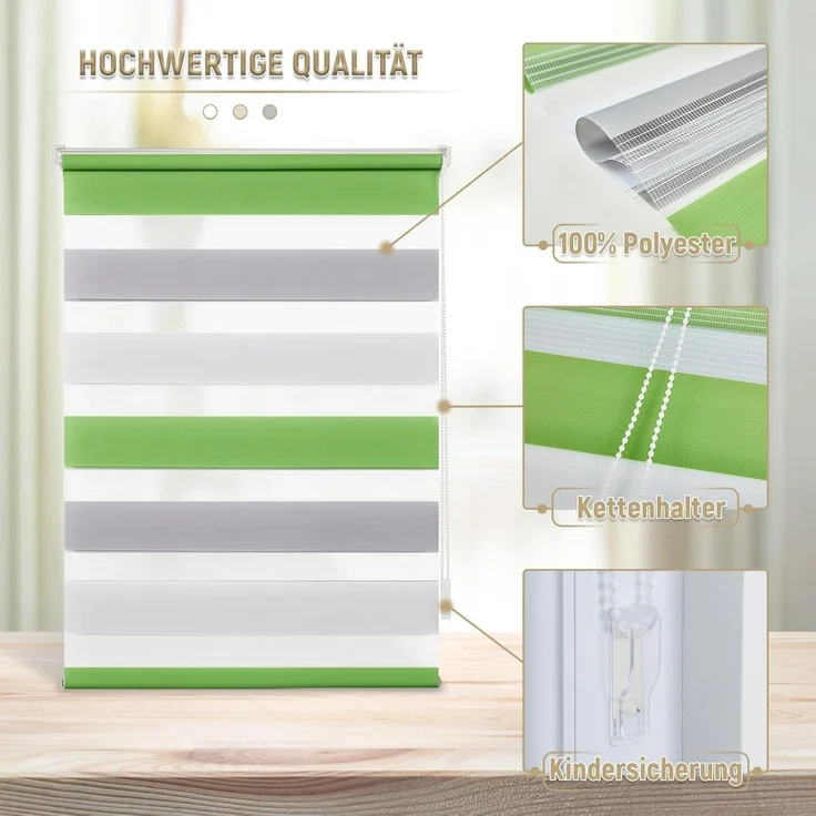 Deswell Doppelrollo Klemmfix ohne Bohren Grün-Grau-Weiß B105 x H130 cm (Stoffbreite 101cm) Rollos für Fenster ohne Bohren für Fenster mit Lichtdurchlässig & Verdunkelnd/Höhe Stufenlos Verstellbar – Bild 3