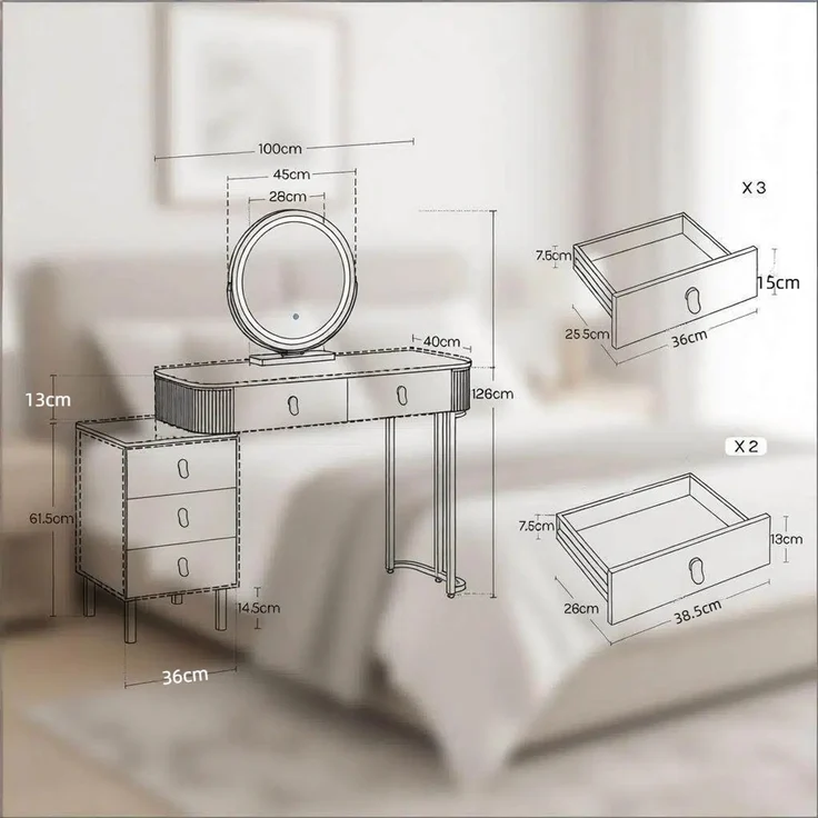 EINHOM Eleganter Umkleidetisch mit Make-up Hocker, Umkleidetisch mit Schublade, Bürotisch(nur mit Make-up-Tisch und Make-up Hocker) – Bild 5