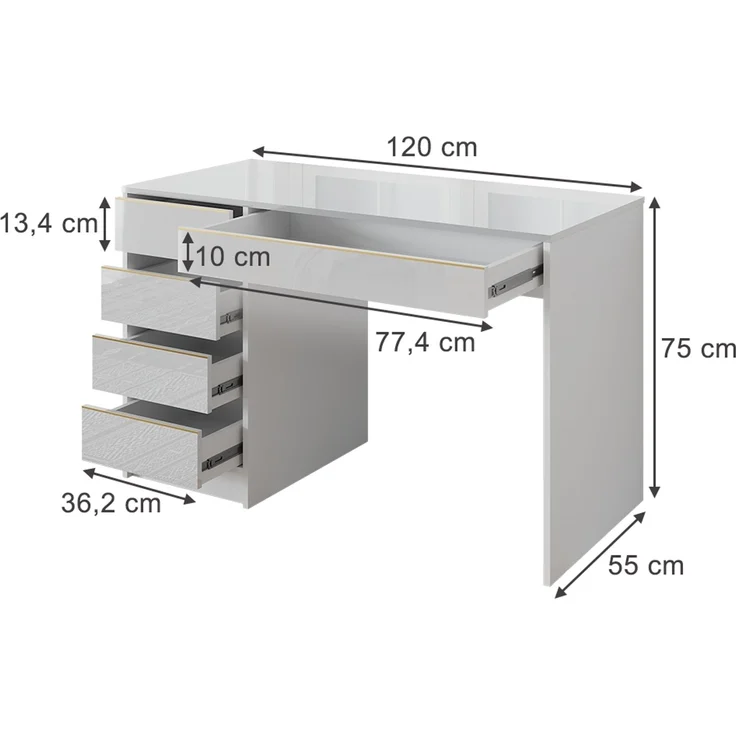 Schreibtisch Sherry Weiß Hochglanz 55 x 120 cm mit Schubladen Vicco – Bild 2