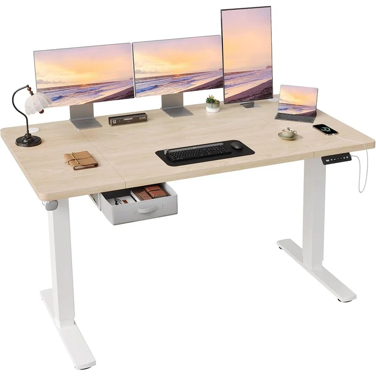 JUMMICO Höhenverstellbarer Elektrischer Stehtisch 160x80 cm mit Schublade und Haken – Höhenverstellbarer Sitz-Steh-Tisch mit Stabilem Stahlrahmen, Breiter Stehtisch für das Homeoffice, Beige