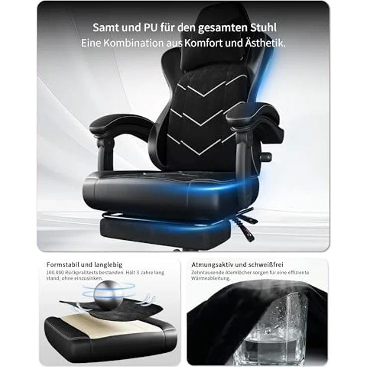 JUMMICO Gaming Stuhl Stoff Ergonomisch für Langzeitkomfort, Bürostuhl mit Fußstütze & Dynamischer Lordosenstütze, Atmungsaktiver Schreibtischstuhl für Gaming & Homeoffice, 150kg, Schwarz – Bild 7