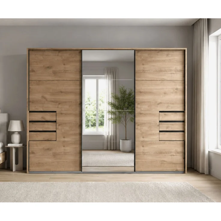 Schwebetürenschrank Kleiderschrank 3trg 273cm Eiche Dekor Spiegel u Passepartout – Bild 3