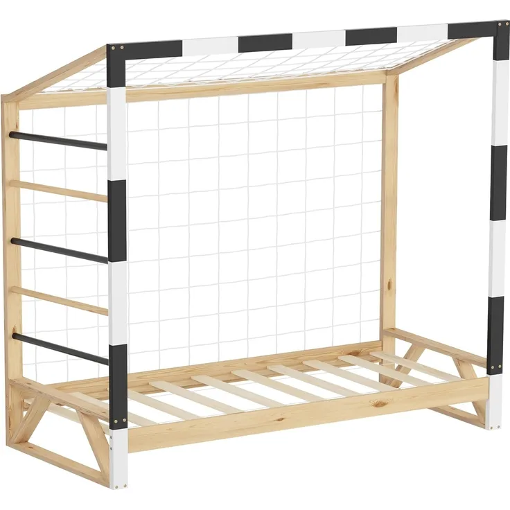 ML-DESIGN Spielbett Kinderbett Fußballtor Holzbett mit Lattenrost Kletterleiter & Netz, Handballtor Abenteuerbett 80x160cm Natur für Kinder aus Kiefernholz