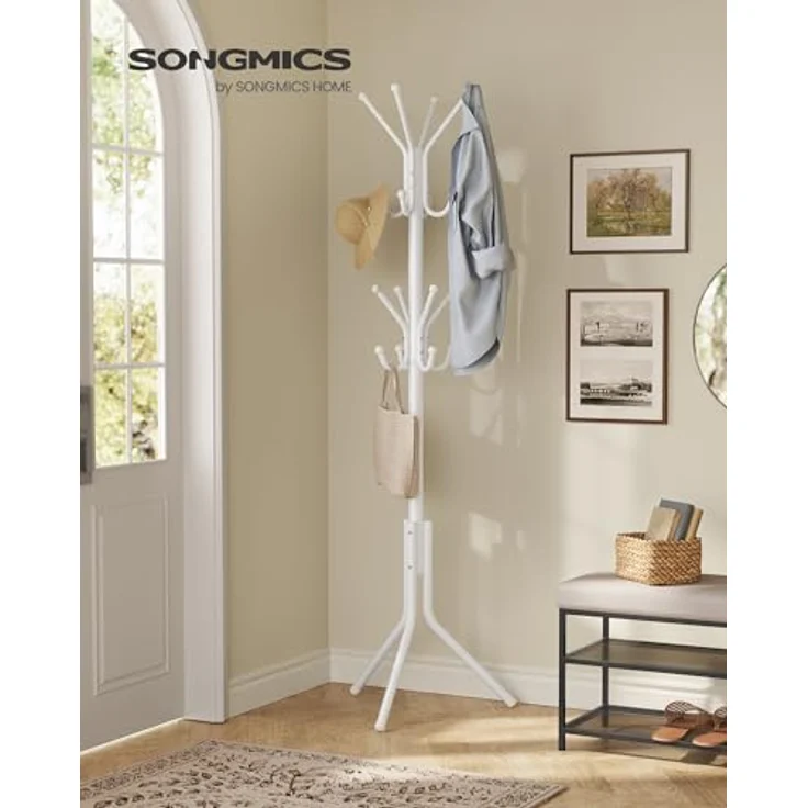 SONGMICS Kleiderständer, Garderobenständer aus Metall, Garderobe, für Kleidung, Taschen und Hüte, Höhe 175 cm, mit 16 Haken, Eingangsbereich, Wohnzimmer, Schlafzimmer, wolkenweiß RCR081WC01 – Bild 2