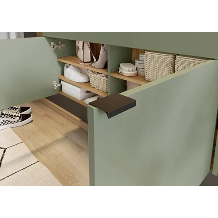 XXXL Garderobe GW-Ameca, 2-teilig in Taupegrün und Navarra-Eiche, Schuhschrank mit Mirror, 110x200x22 cm, verstellbare Böden, bis zu 12 Paar Schuhe. – Bild 5