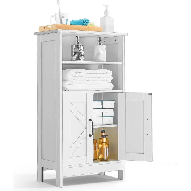 VEVOR Badezimmerschrank Badschrank 4-stufig aus Holz mit 2 Türen & verstellbarem Regal, Bodenschrank für Küche/Wohnzimmer/Eingangsbereich, freistehender Aufbewahrungsschrank Küchenschrank weiß