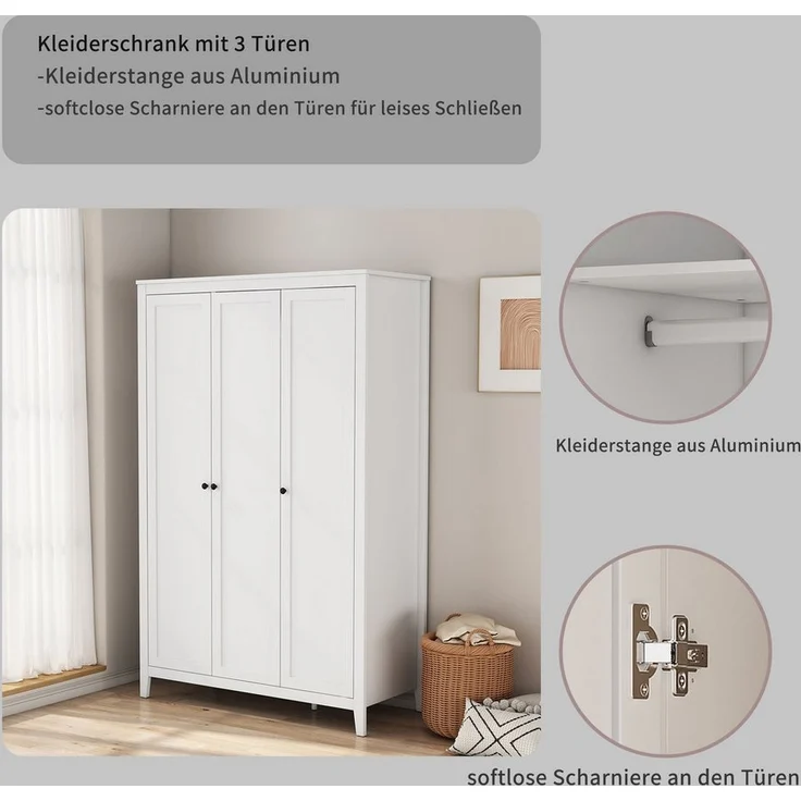 OTTO home Kleiderschrank Borkum Schlafzimmerschrank Garderobe Landhaus Bestseller weiß (hochwertige schwarze Griffe aus Metall) Schlafzimmerschrank mit 6 Böden und Kleiderstange, 3 Türen – Bild 3
