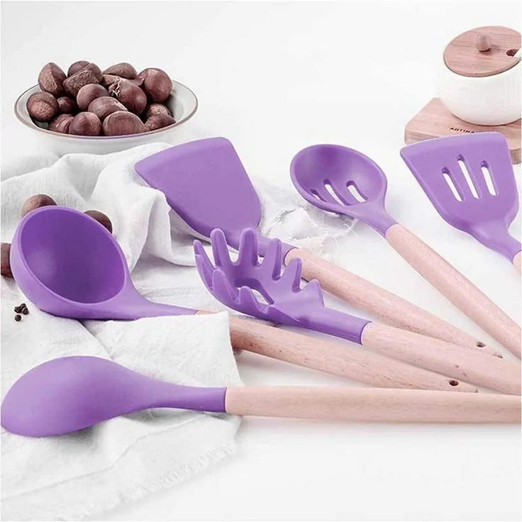 Küchenhelfer Set 12-tlg Silikon, Holzgriff, versch. Farben Violett – Bild 2