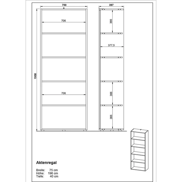 Aktenregal vito Podium, Holzwerkstoff, Schwarz, Holzfarben, 75 x 196 x 40 cm – Bild 4