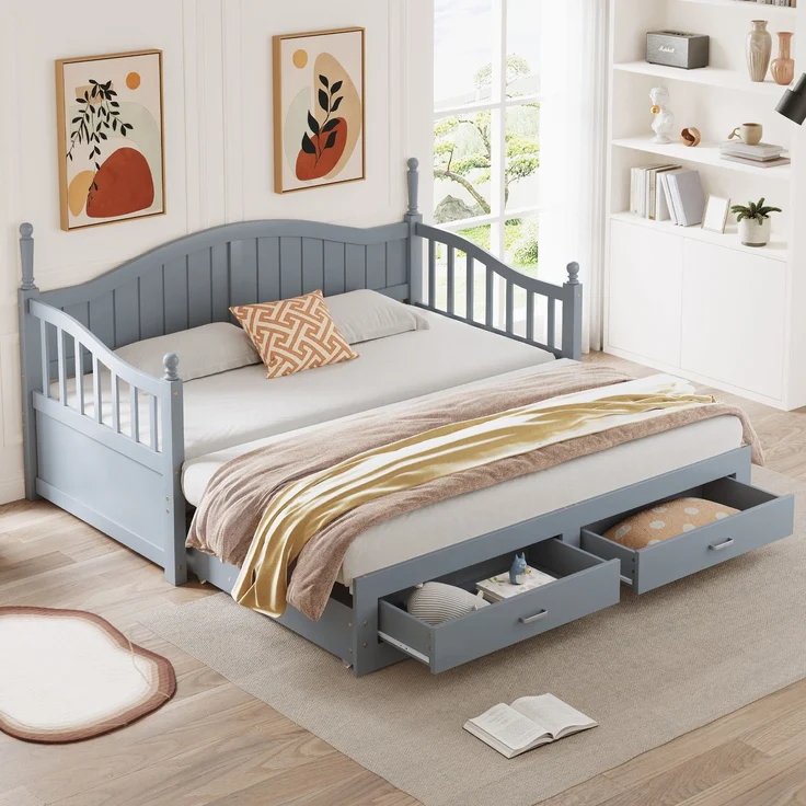 Ausziehbares Schlafsofa Aus Massivholz 90/180*190 cm, mit römischen Säulen, mit geschwungener Rückenlehne und Armlehnen, mit Schubladen und Lattenrost, Multifunktionsbett Aus Kiefernholz, Grau – Bild 1
