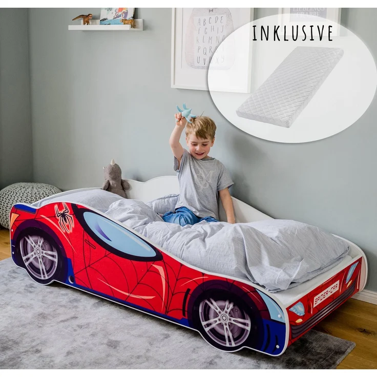 Kids Collective Kinderbett Kinderbett Jugendbett Spider 70x140, 80x160 cm mit Rausfallschutz, Autobett mit Matratze, Lattenrost und Fallschutz 70x140 cm – Bild 2
