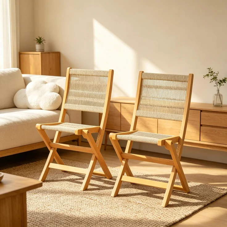 Vielseitiger Freizeitstuhl,Klappbarer Outdoor-Stuhl mit geflochtenem Sitz und Rückenlehne,Leichter Faltstuhl(nur mit 2pcs Stuhle)--Beige+Natur--48x55.5x88cm--YOUDENOVA – Bild 2
