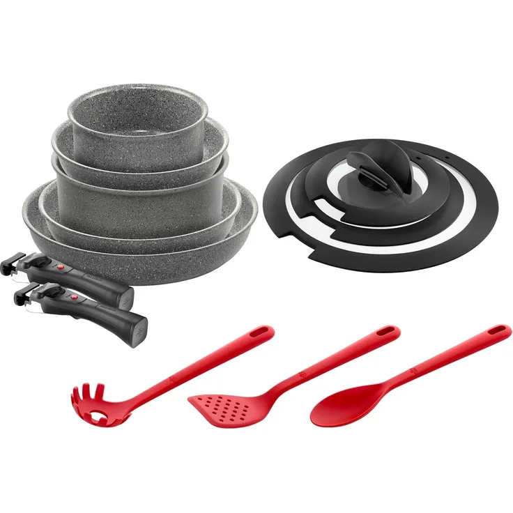 BALLARINI Torre Bratpfannen- und Stieltopf-Set + Küchenhelfer aus Silikon, 13 tlg, Keramikbeschichtung, Induktionsgeeignet, Abnehmbare Griffe, Deckel mit einklappbaren Griffen, Aluminium, Grau