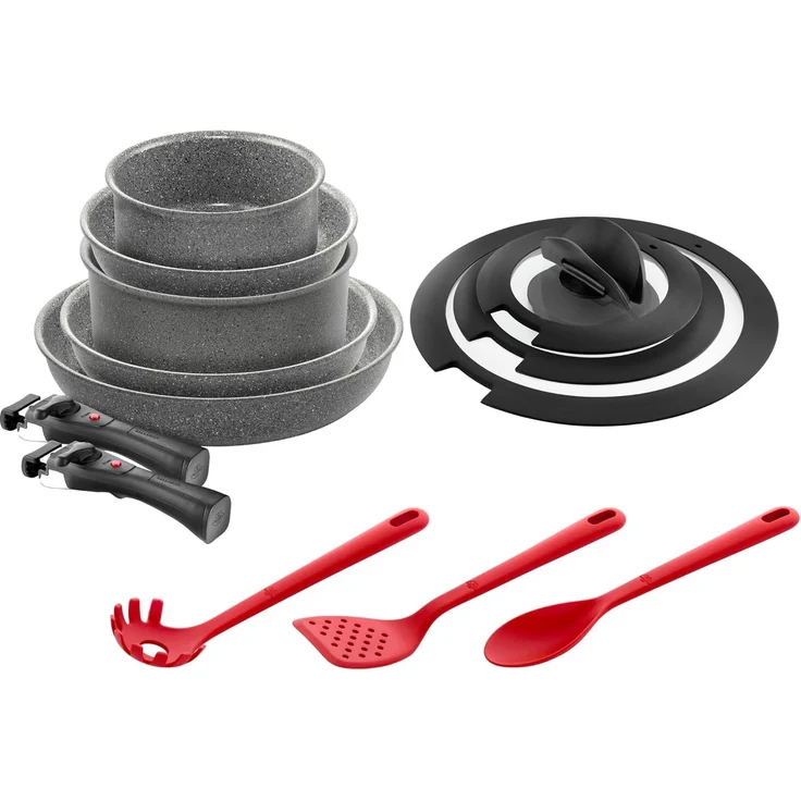 BALLARINI Torre Bratpfannen- und Stieltopf-Set + Küchenhelfer aus Silikon, 13 tlg, Keramikbeschichtung, Induktionsgeeignet, Abnehmbare Griffe, Deckel mit einklappbaren Griffen, Aluminium, Grau
