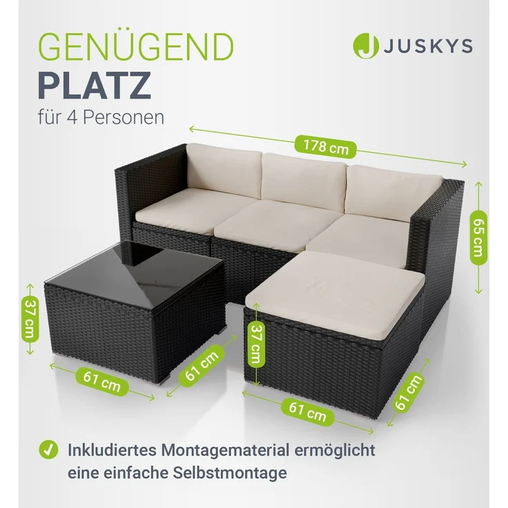 Juskys Polyrattan Lounge Punta Cana M schwarz inkl. Abdeckung – Gartenlounge Set für 3-4 Personen – Sitzgruppe mit Sofa, Tisch & Hocker - Sitzbezüge in Creme – Bild 4