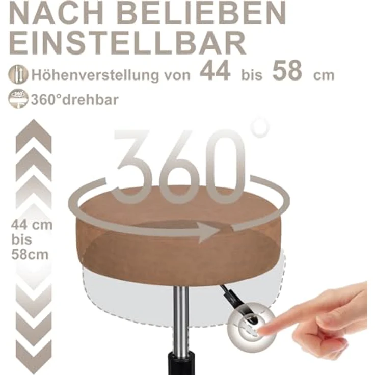Zedelmaier Rollhocker höhenverstellbar, Bürohocker mit Gummirollen, 360° drehbar Hocker mit Rollen & 10 cm Polsterung, Sitzhocker Werkstatt, Drehhocker ergonomisch, Sitzhöhe 44–58 cm, Orange – Bild 8
