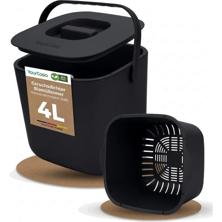 YourCasa Biomülleimer Küche - 4L Komposteimer für alltäglichen Biomüll Behälter - Spülmaschinenfest - Geruchsdicht - Sieb - Bio Mülleimer klein mit Deckel Eimer Bioabfallbehälter Biotonne (4L Schwarz)