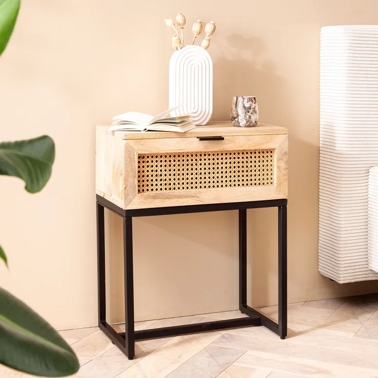 FineBuy Nachtkonsole Mango Massivholz mit Rattan & Metallgestell – Nachttisch im Boho & Natur Design mit Schublade, Nachtkästchen mit Wiener Geflecht für Boxspringbetten – 50x60x30 cm