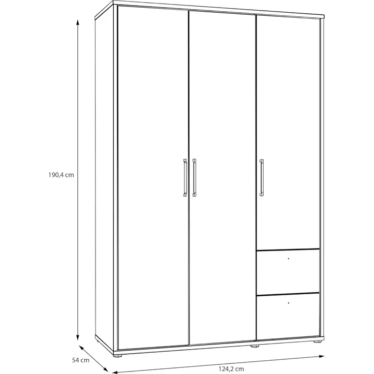 FORTE PYS Moderner Kleiderschrank 125, 3-türig, 2 Schubladen, Schwarz, 124,2 cm B x 190,4 cm H x 54,0 cm T – Bild 2