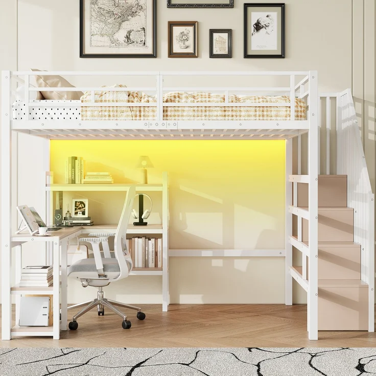 140x200 Metall-Hochbett mit Treppe, integriertem Schreibtisch, Staufächern, USB-Ladestation und LED-Licht, Weiß – Bild 4