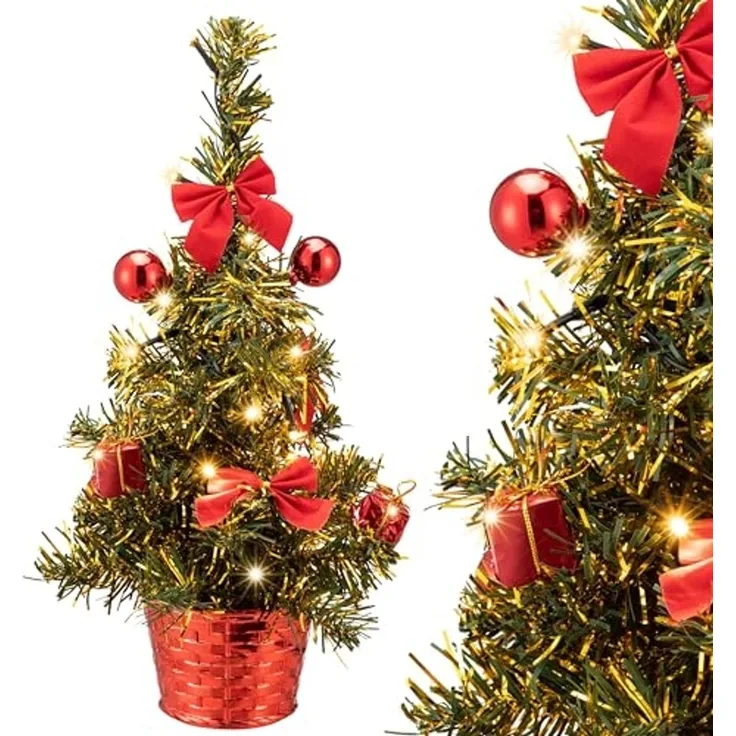 Casaria Künstlicher Weihnachtsbaum, 36 cm mit LED Lichterkette Geschmückt Rot mit Topf Mini Tannenbaum PVC