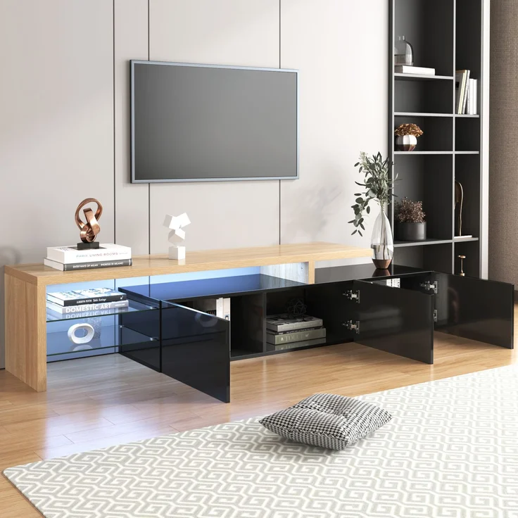 TV-Lowboard 197.5 cm mit LED-Beleuchtung, Glasböden & 3 Schränken, modernes Schwarz-Holz Design für Wohnzimmer – Bild 3