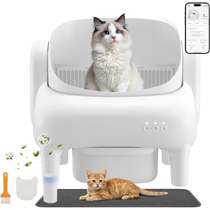 GTPLAYER Katzenklo Selbstreinigend, Selbstreinigende Katzentoilette mit Offenem Design, App-Steuerung & Sensoren, Automatisches Katzenklo mit Duftstein, Streumatte, Ideal für Mehrkatzenhaushalte, Weiß