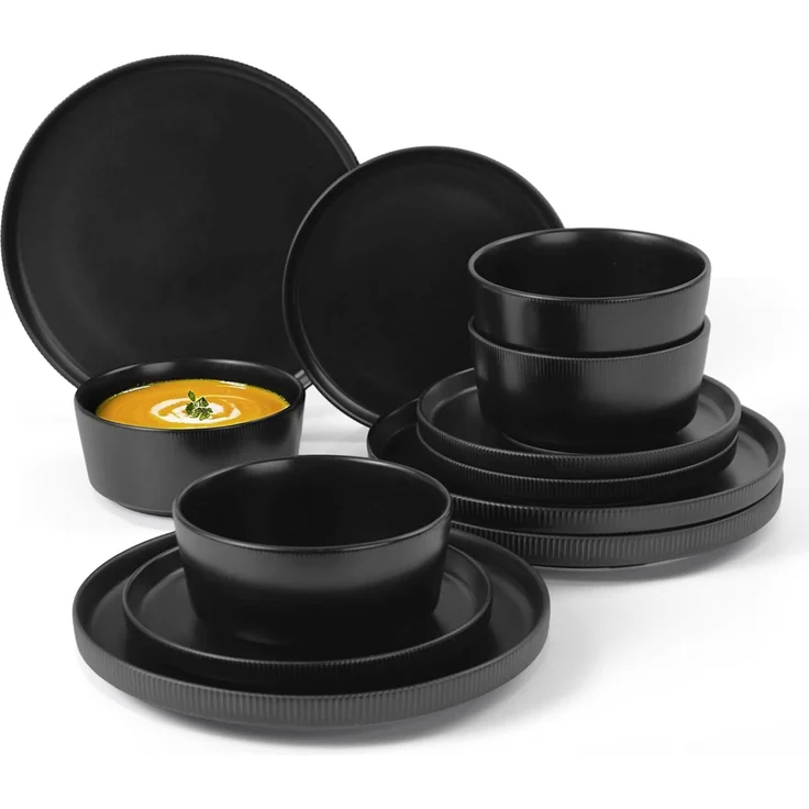 JIWOO Geschirr-Set 12tlg Kombiservice Teller-Set Tafelservice Schüssel-Set Speiseteller (12-tlg), 4 Personen, Keramik, Hochwertiges Geschirr set Schwarz Mikrowellen spülmaschinenfest