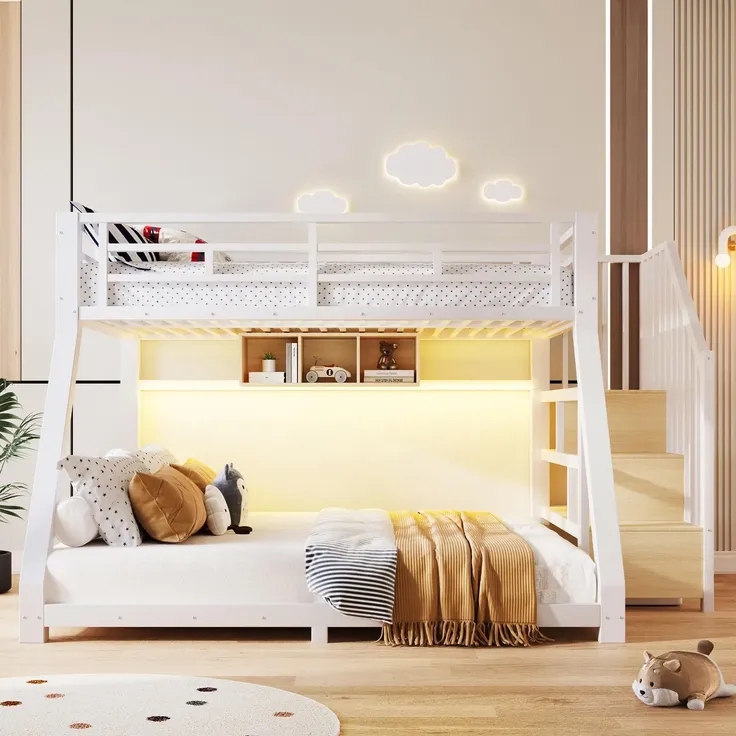 Etagenbett mit 2 Schlafgelegenheiten, Lattenrosten, Regal, Rausfallschutz und LED-Streifen, Treppe mit Regal, 90/140x200 cm, Kinderbett, Metallbett – Bild 2