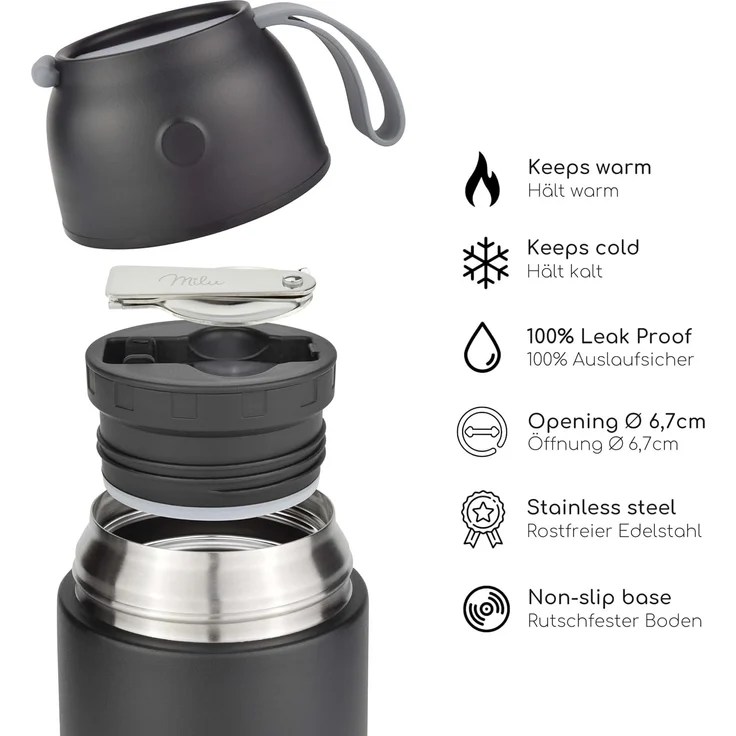 Milu® Thermobehälter für Essen 650ml, Edelstahl Warmhaltebehälter mit Löffel, Thermobecher Essen, Thermo Lunchbox für Kinder, Erwachsene, Thermobox Suppen, Babybrei, Speisebehälter Schwarz, 650ml – Bild 4