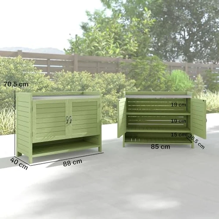 Outsunny Pflanztisch mit verzinkter Arbeitsplatte 3 Regalböden Doppeltüren (wetterfest Gärtnertisch, 1-St, Outdoor Gartenschrank), aus Holz für Garten Balkon Terrasse 88 x 40 x 70,5 cm, Grün – Bild 7