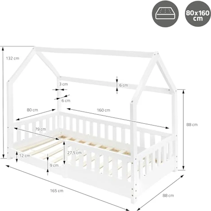 ML-DESIGN Kinderbett Hausbett Spielbett inkl. Lattenrost kreativ Bodenbett für Kinder, Abenteuerbett mit Rausfallschutz Spielbett Kiefer Weiß Himmelbett – Bild 3