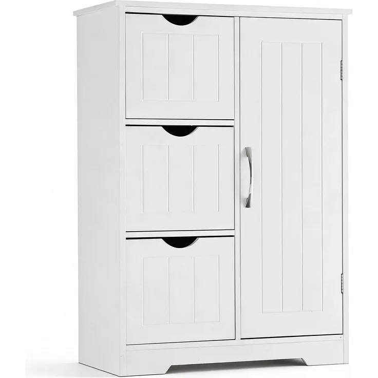 DUMOS Badezimmerschrank, MDF Kommode mit Schubladen, Badschrank Schmal Klein, Beistellschrank mit 3 Schubladen, 55 x 28.5 x 81 cm, für Badezimmer, Wohnzimmer, Schlafzimmer, Esszimmer, Küche, Weiß