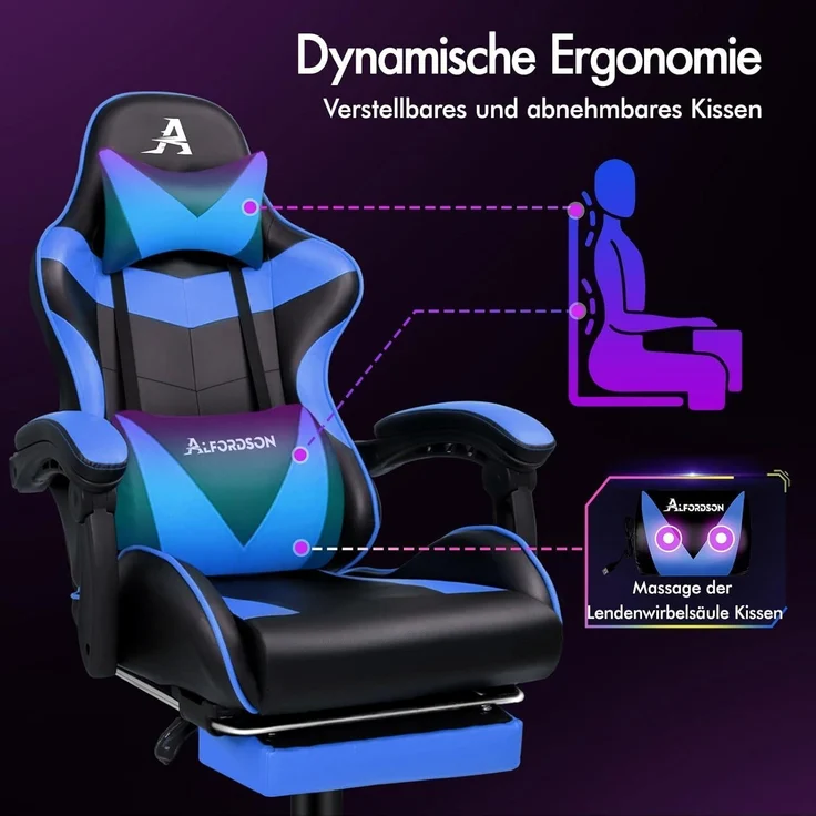 Gaming-Stuhl LED Racing Gamer mit 12-Farben RGB Massage Lordosenstütze Fußstütze – Bild 4