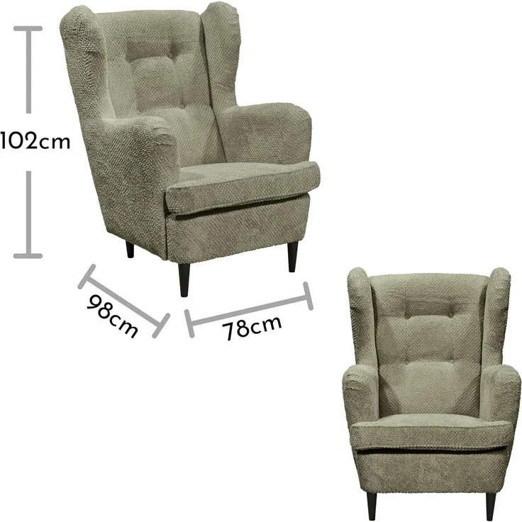 OSKAR Ohrensessel mit geknöpfter Polsterung, Olive - Vintage Wohnzimmer Sessel mit Massivholz Füßen - 78 x 102 x 98 cm (B/H/T) – Bild 3