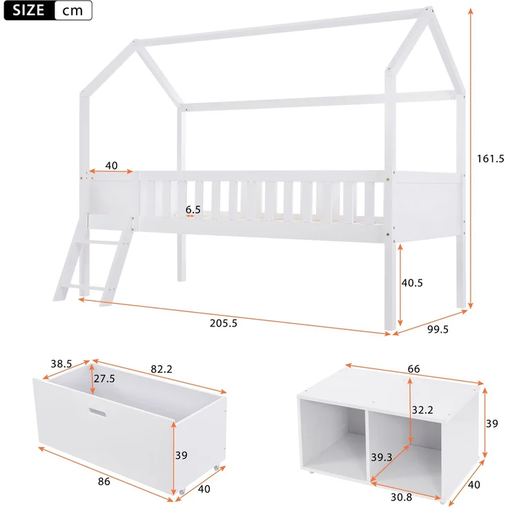 Merax Hausbett Kinderbett Jugendbett 200x90 Mit Schubladen und Ablagefächern Geeignet für Jungen und Mädchen Mit Anti-Drop-Geländer, Weiß (Ohne Matratze) – Bild 4