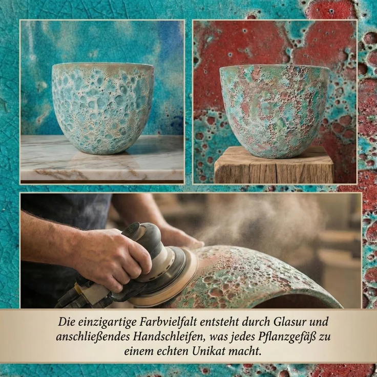 Blumentopf Eggpot Lava Grün Ø 38cm Keramik - Struktur Übertopf geschliffen Unikat – Bild 4