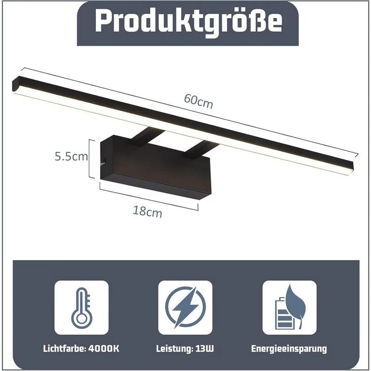 Nettlife LED Spiegelleuchte Schwarz Modern Badezimmer Spiegelbeleuchtung 60 cm 4000K Neutralweiß, LED fest integriert, Neutralweiß, lampe Flur Wandleuchte für Büro Küche Spiegelschrank – Bild 2