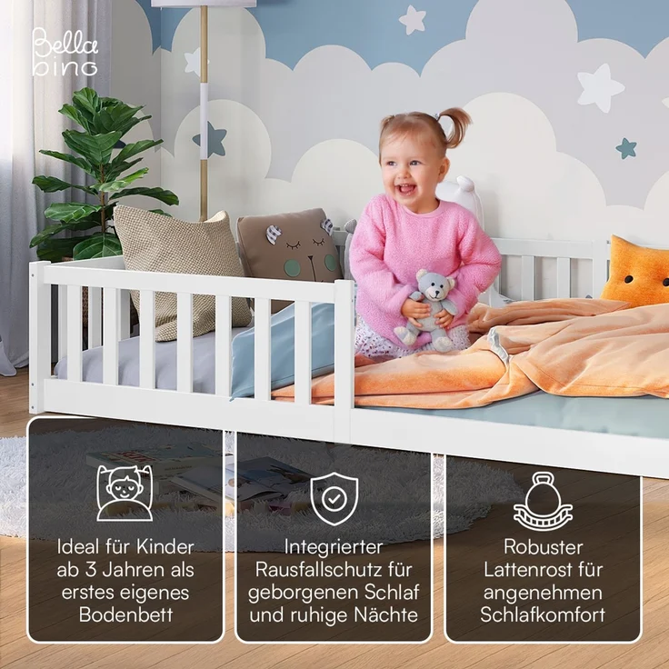 Bellabino 'Vere' Bodenbett 140x200 cm, weiß, Massivholz Kiefer, Montessori Kinderbett mit Rausfallschutz und Lattenrost – Bild 3