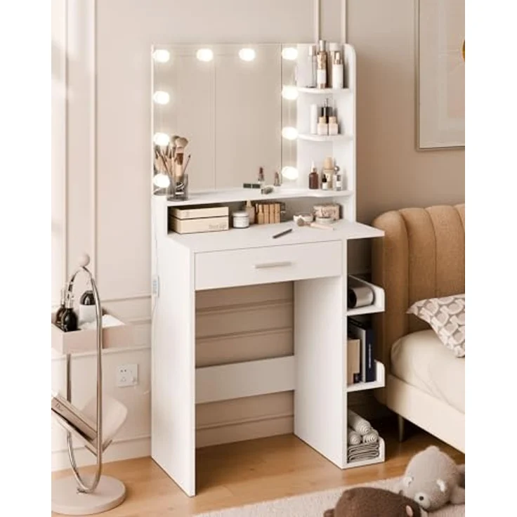 Mondeer Schminktisch mit Spiegel und 10 LED-Lichtkugeln, Frisiertisch mit 1 Schublade und 7 Offenen Fächern, 3 Farben mit Einstellbarer Helligkeit, Weiß, 67 x 36 x 138 cm – Bild 7