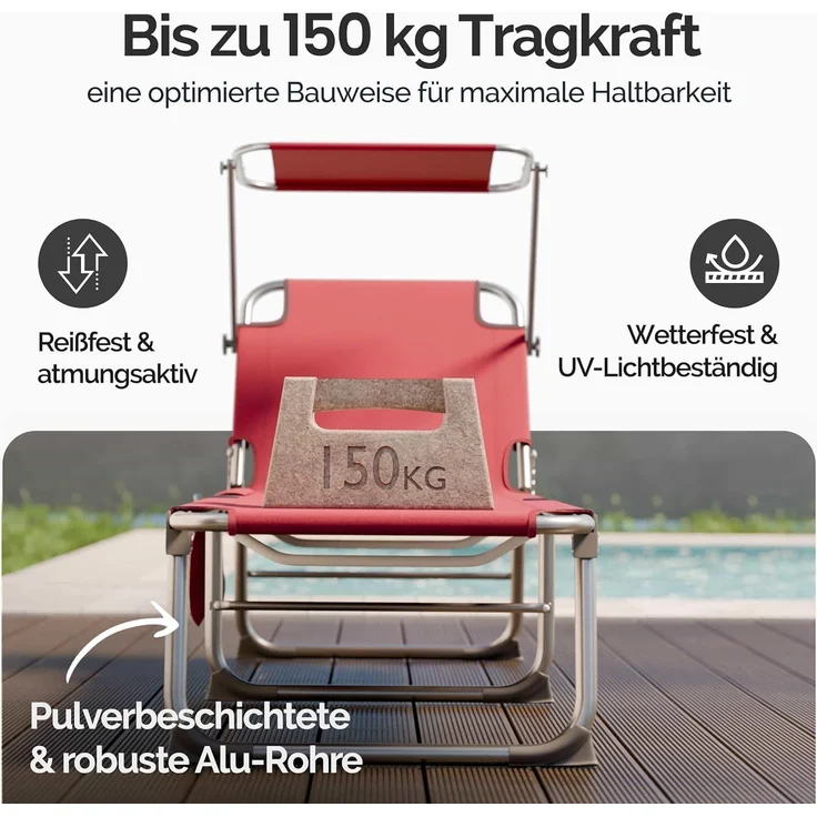 CASARIA® Alu Sonnenliege Klappbar Wetterfest Gartenliege mit Dach Liegestuhl Rot – Bild 6