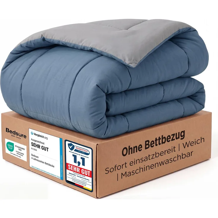 BEDSURE Bettdecke Ohne Bezug 155x220 - Bettdecke mit Integriertem Bezug | Bettdecke 155x220 für Allergiker Waschbare 4 Jahreszeiten Bettdecken Oeko Ganzjahresdecke Warm & Gemütlich, Kapitänsblau/Grau