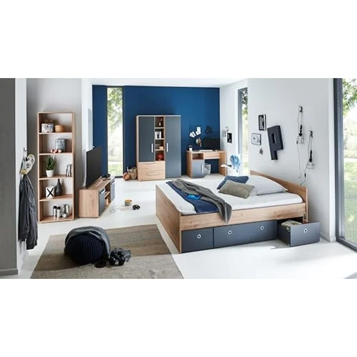 arthur berndt Jugendzimmer-Set Alessio, (Set, 6-tlg, Kleiderschrank, Bett mit Schubkasten, Schreibtisch, Bücherregal etc), mit Melamin-Oberfläche – Bild 1