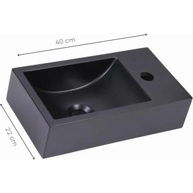 Wunderbad SOHO Waschbecken, 40x22 cm, Premium Quartz, schwarz, Handwaschbecken, flexible Wand- oder Aufsatzmontage, Hahnloch links – Bild 4